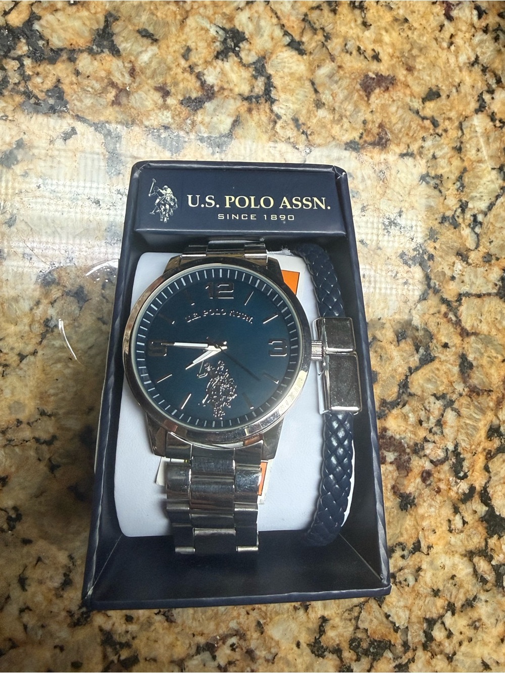 U.S. Polo Assn. Silver Watch with Blue Dial and Matching Blue Braided Bracelet